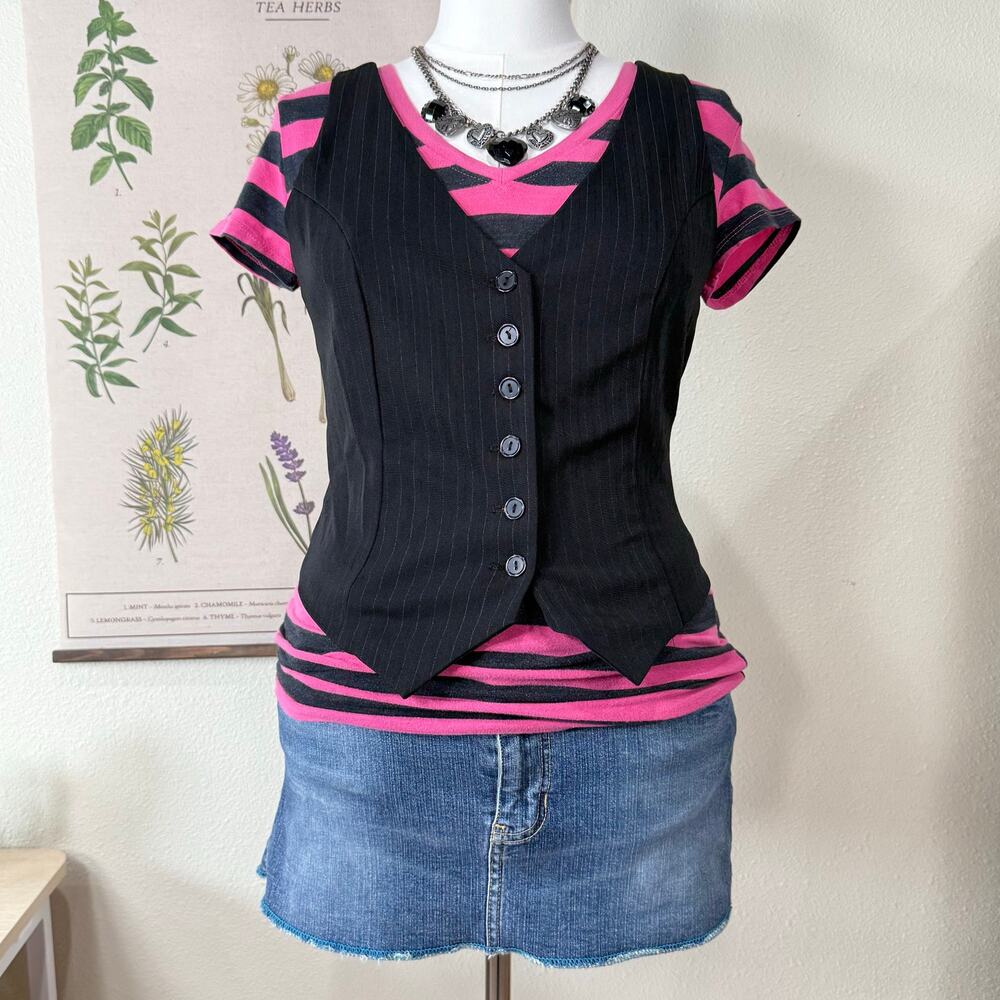 Vtg 90s Y2k Pinstripe Fitted Vest Emo Punk Princess Office Siren Dark Academia M